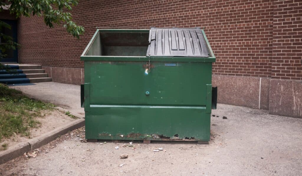 Green dumpster against brick wall